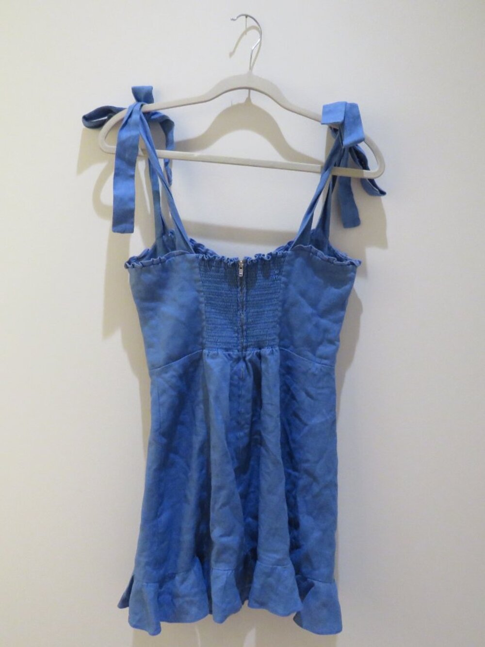 REFORMATION Desiree Linen Mini Dress Dusk Blue US 6 Coquette Smocked - Picture 9 of 13